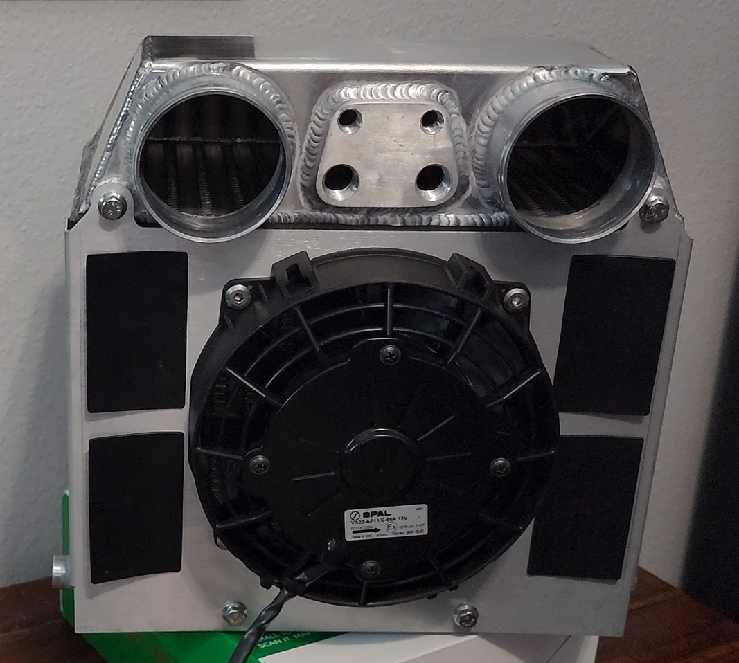 Rear of the custom intercooler showing the electric fan and mounting panel